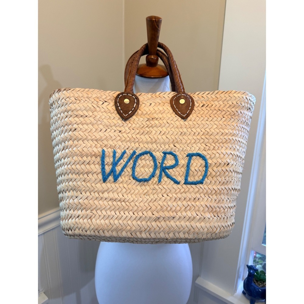 Poolside Medium Beach Tote Straw Basket Bag Embroidered Word Blue Tan Medium - Picture 11 of 16